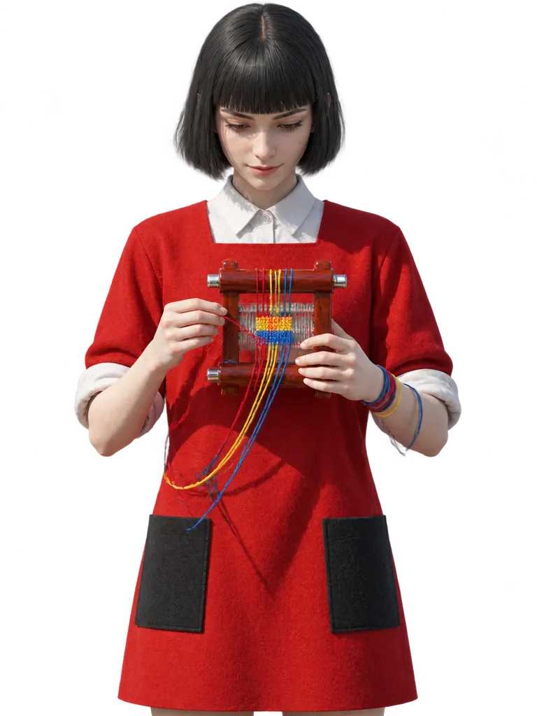 Lotte Brandauer, murid tenun berponi lurus dengan smock merah, menata benang di alat tenun kecil.