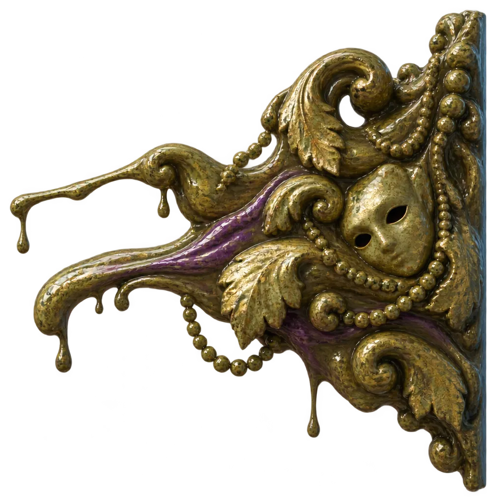 Gumpalan ornamen cair hijau-emas merembes keluar dari persegi biru.
