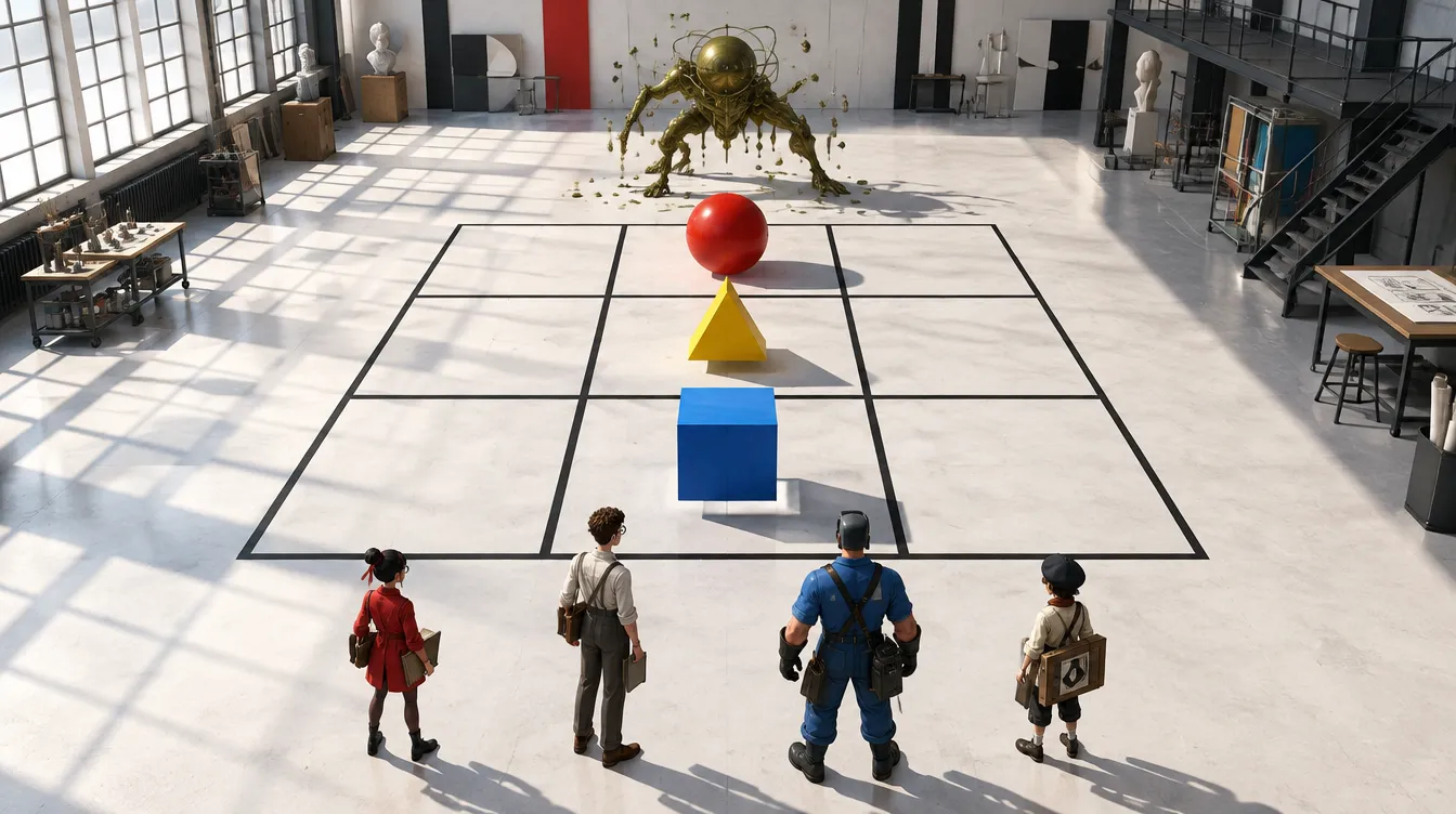 Party berdiri di tepi kisi 3x3 raksasa di lantai aula. Lingkaran merah, segitiga kuning, dan persegi biru melayang di sel-selnya, makhluk ornamen menunggu di seberang.