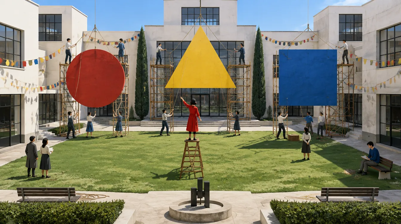 Halaman sekolah. Murid mengerek lingkaran merah, segitiga kuning, dan persegi biru raksasa untuk pameran akhir semester.